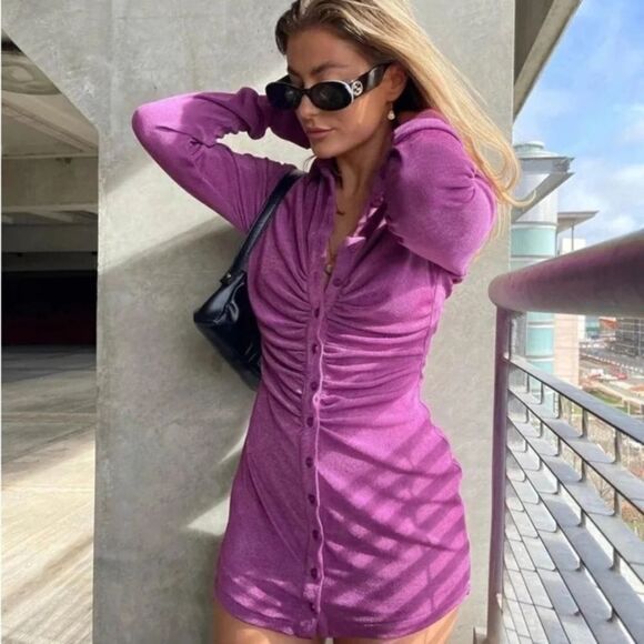 With Jean Andy Mini Purple Dress Long Sleeve Button Down Shirt Size M - Picture 4 of 11
